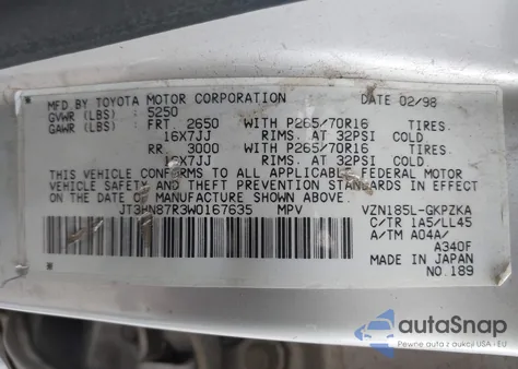 1998 Toyota 4Runner Sr5 V6 Limited from USA, damaged, VIN JT3HN87R3W0167635